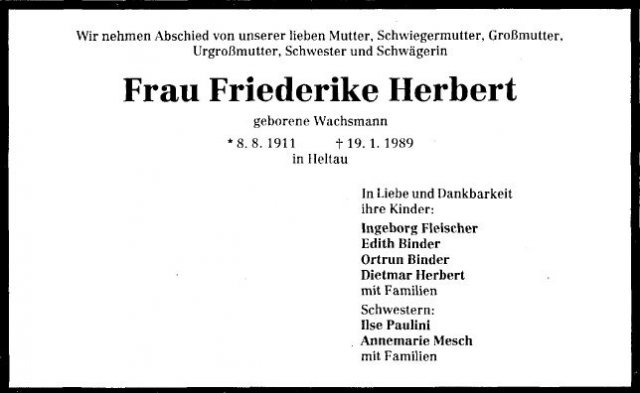 Wachsmann Friederke 1911-1989 Todesanzeige